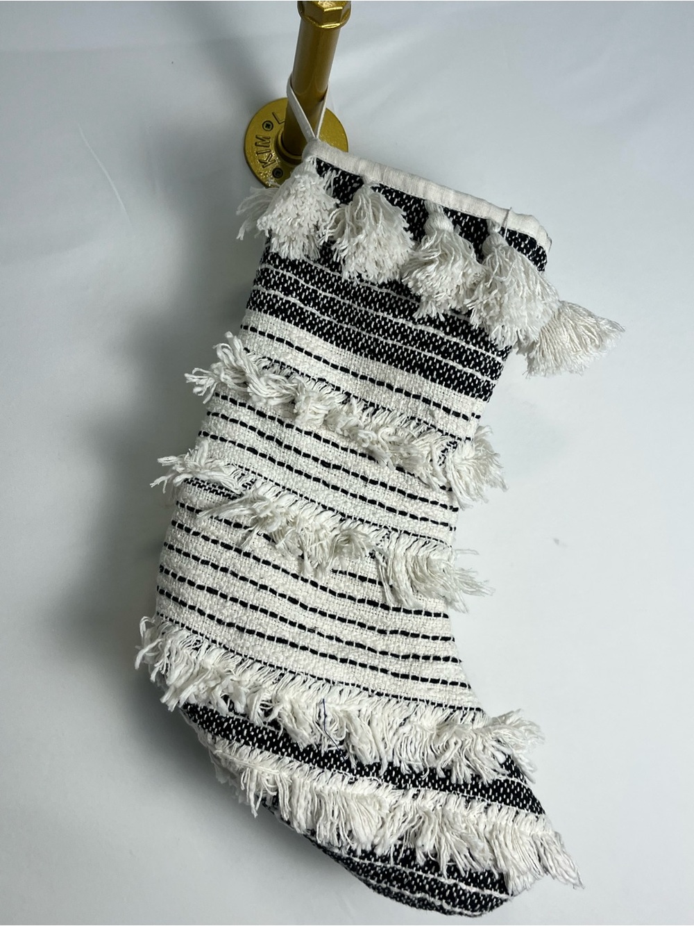 DKNY  Boho Black  and White Fringe Tassel Holiday Stocking